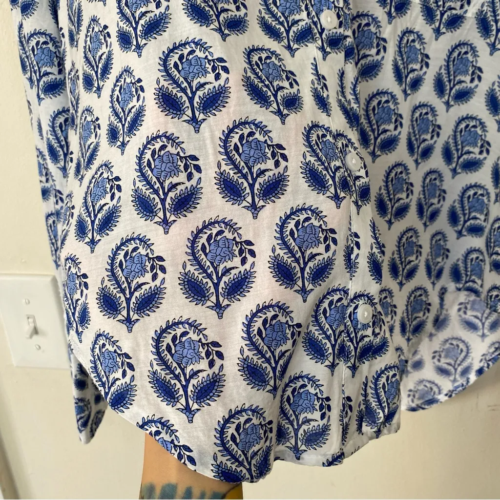 J. CREW Garcon Cotton Voile Shirt Floral Bouquet Block Print White/Blue Sz 6 - Image 7