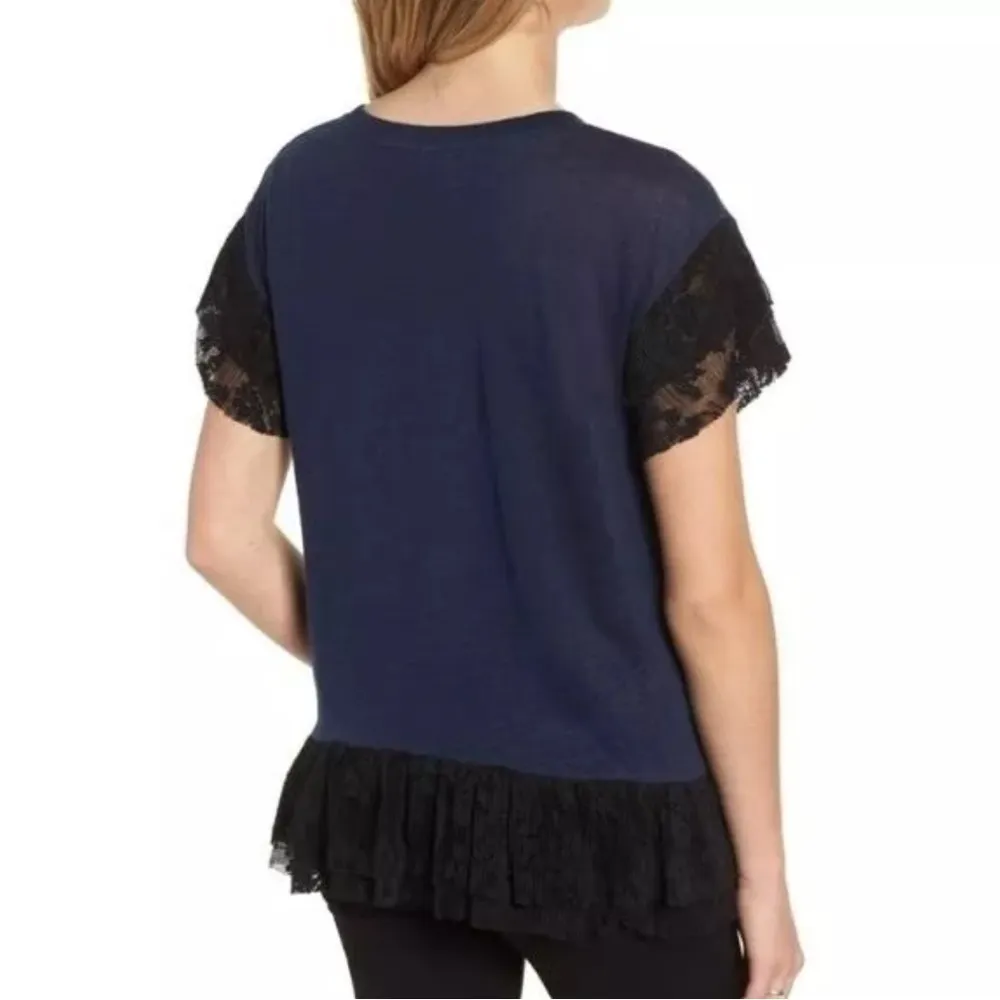 Chelsea28 Women’s Top XS Blue Linen Black Ruffle Hem & Sleeves Lace Trim - Image 2