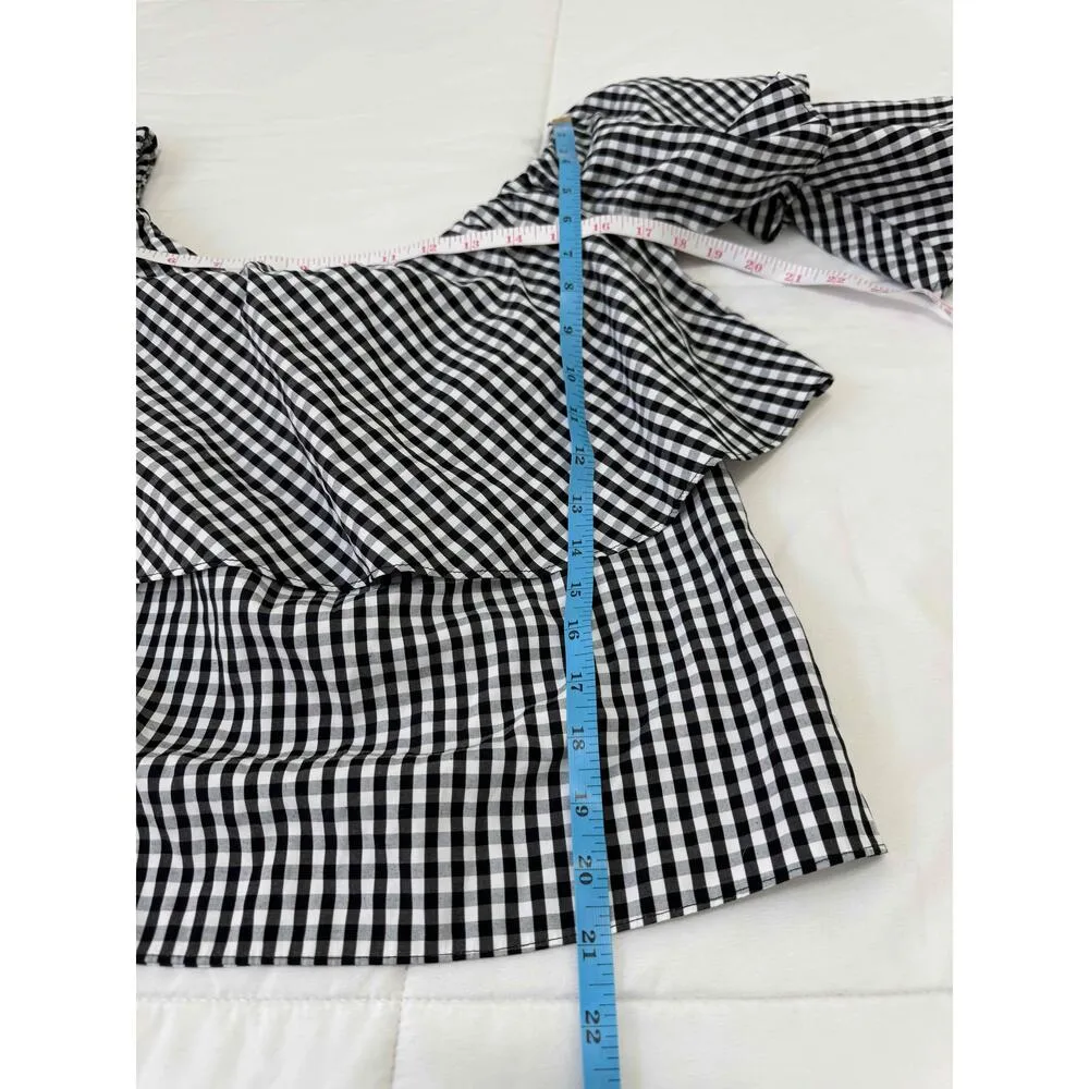 WAYF  Gingham Pattern‎ Ruffle Sleeves Off the shoulder Blouse Small preppy - Image 5