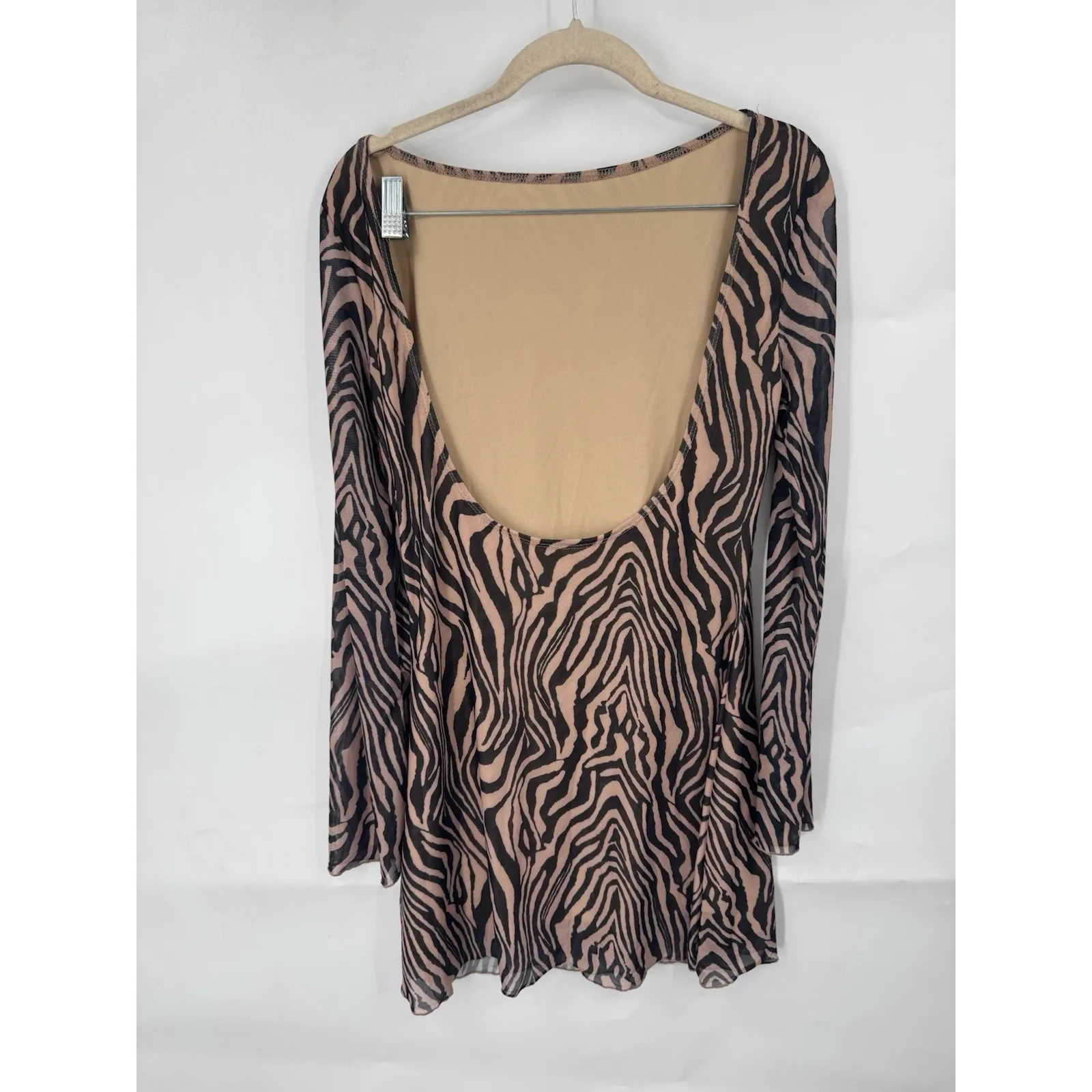 Zebra Print Mesh Open Back Y2K Retro Mini Dress Women Large Brown Sexy Old Money - Image 4