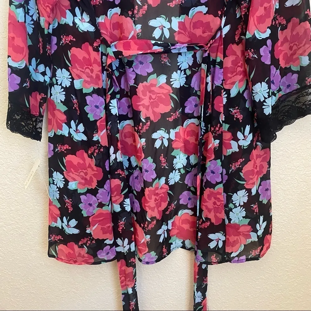 FLORA NIKROOTZ Floral Robe kimono NWT black‎ pink purple sheet belted - Image 10