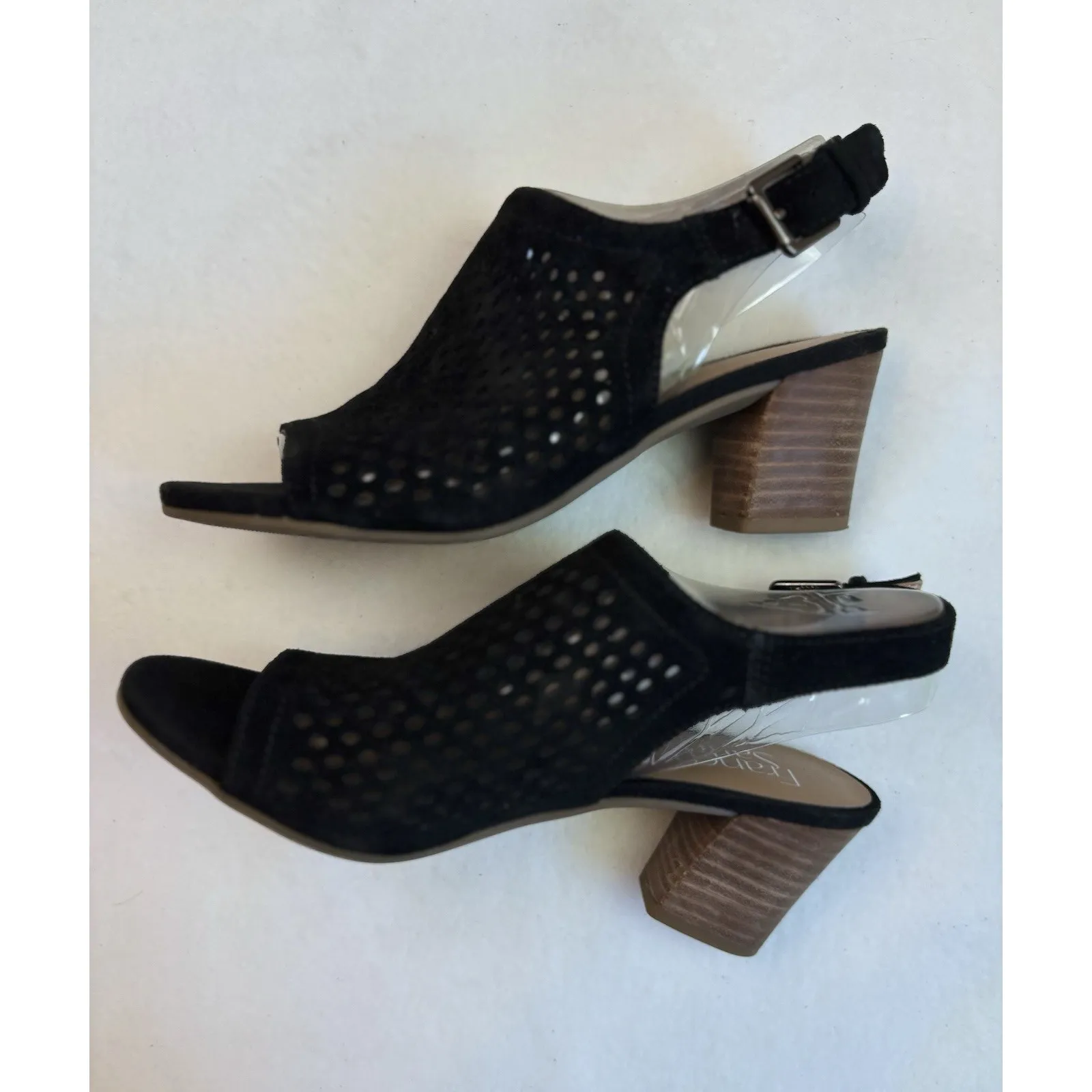 Franco Sarlo Mandi Blk Suede Block Heel Shoes Peep Toe Buckle Sz 6.5‎ Sling Back - Image 3
