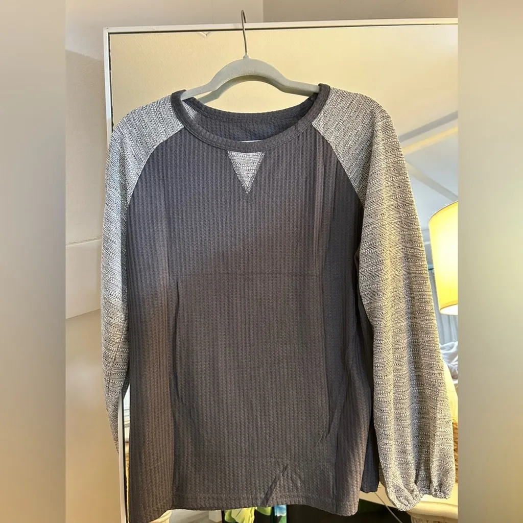 NEW Waffle Knit Top Casual Crewneck Contrast Long Sleeve Shirt Loose Pullover XL Gray - Image 4