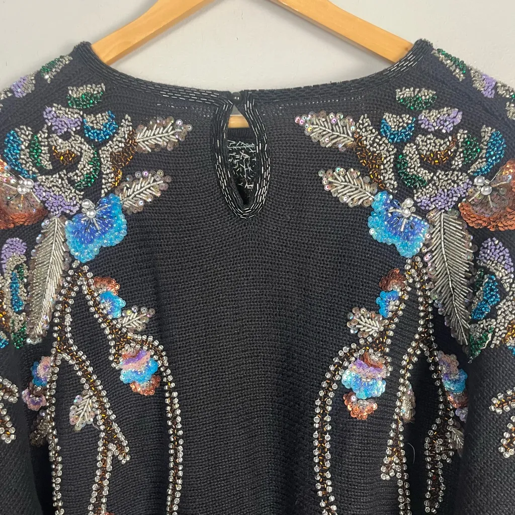 VTG Bonnie Boerer Floral Sequin Sweater Size 1X Black knit Y2K 90s beaded - Image 7