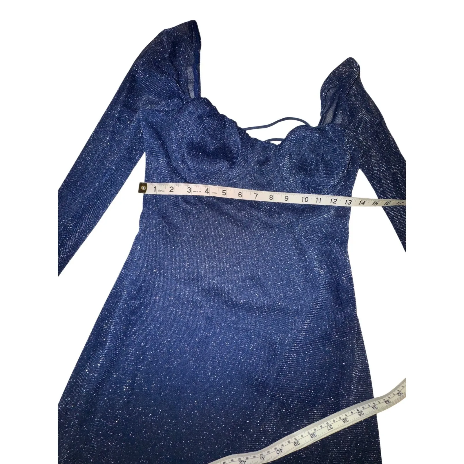 PRINCESS POLLY Navy Sparkle Long‎ Sleeve Ruched Bodycon Mini Dress US 6 - Image 3