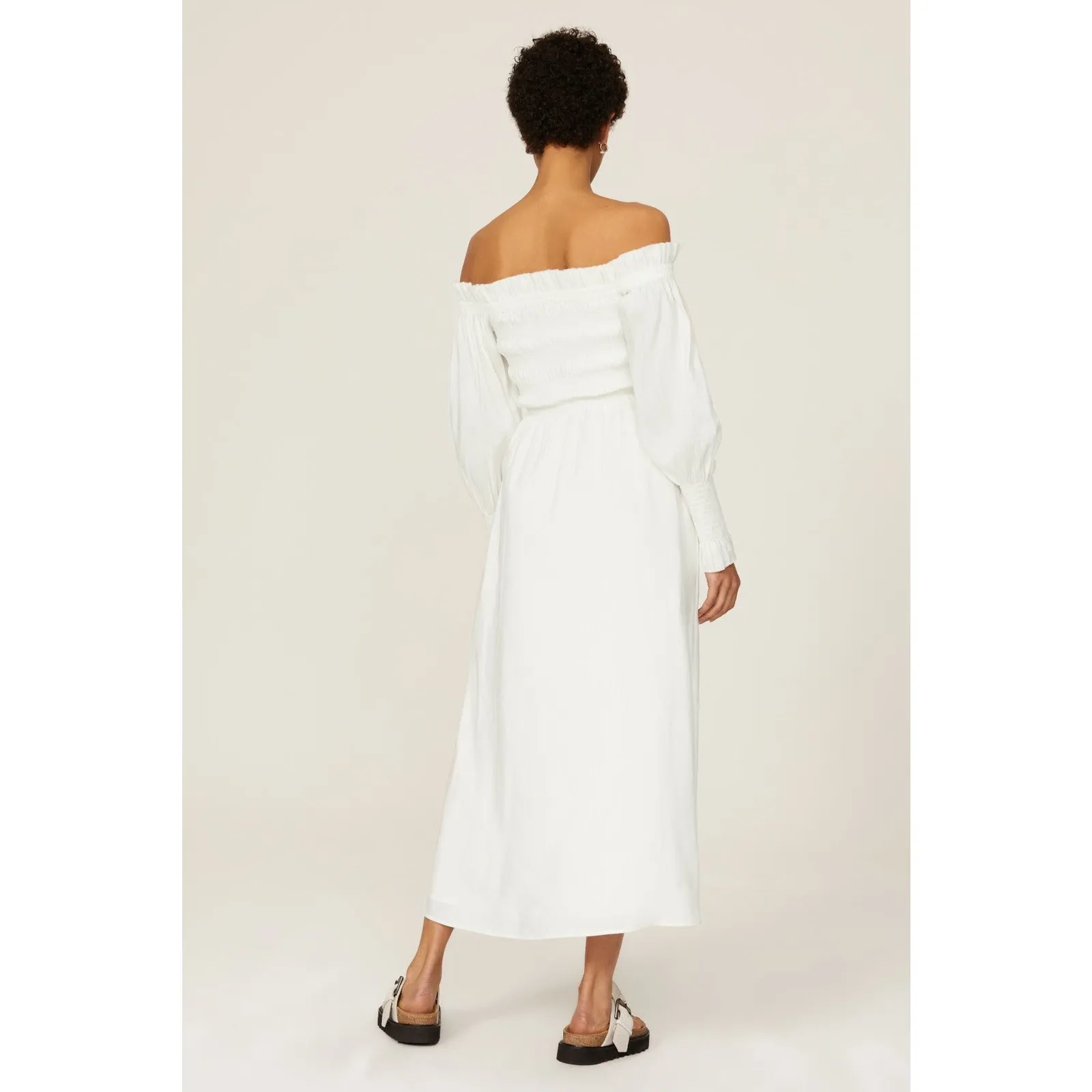 AllSaints Lary White Long Sleeve Off Shoulder Slit Linen Silk Midi Dress Size 4 - Image 3