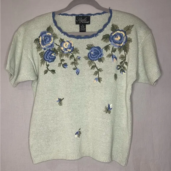 Vtg Style Exchange womens M Pullover knit Blue Sweater Short Sleeve Cottagecore - Image 1