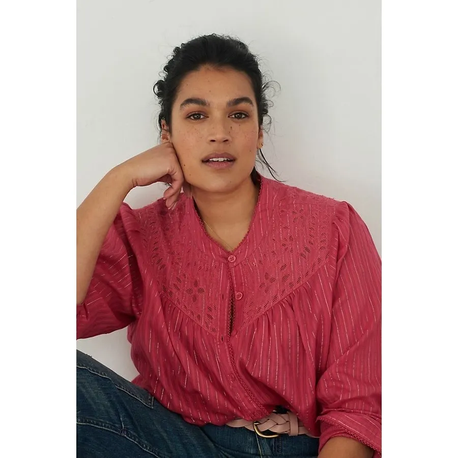 Pilcro Anthropologie Victoria Lace Blouse Sz 26W Metallic Stripe Top Boho Pink‎ - Image 9