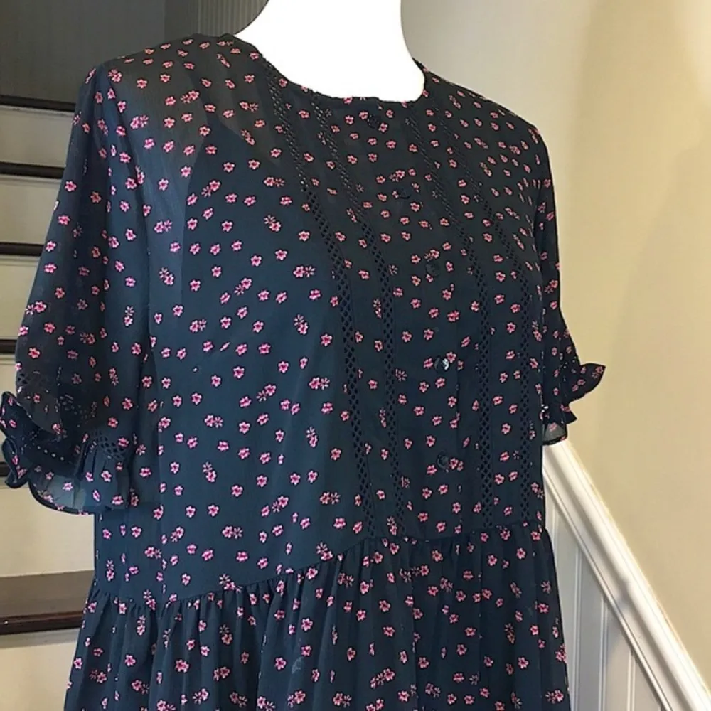 TOPSHOP Black Dress w Rose Pattern Puff Sleeve Open Ladder Accent Sz 8 NWOT - Image 10