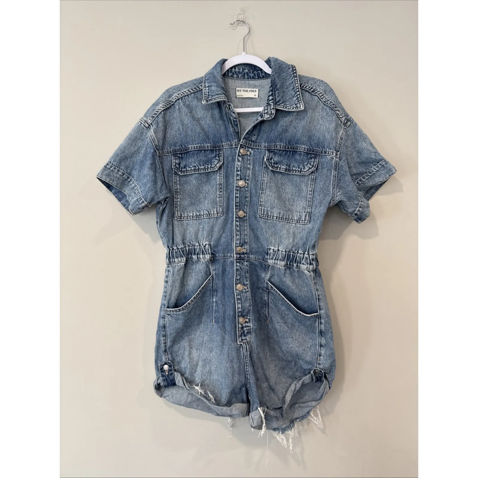 Free People Romper Marci Cuffed Shortall In Medium Marrakesh Blue 2435 - Image 2