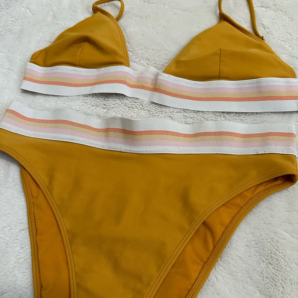 Forever 21 Yellow and White Striped High Waisted Cheeky Bikini Set size small - Image 3