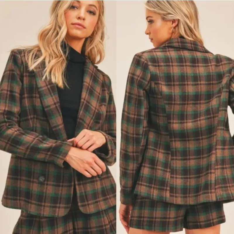 Lush Womens Business Preppy Plaid Wool Blend Double Breasted Blazer Jacket‎ S - Image 2