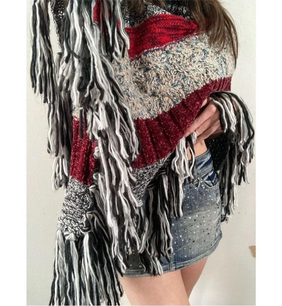 Desigual One Size Fits Most Multicolor Cowl Neck Fringe Hem Asymmetrical Poncho - Image 7