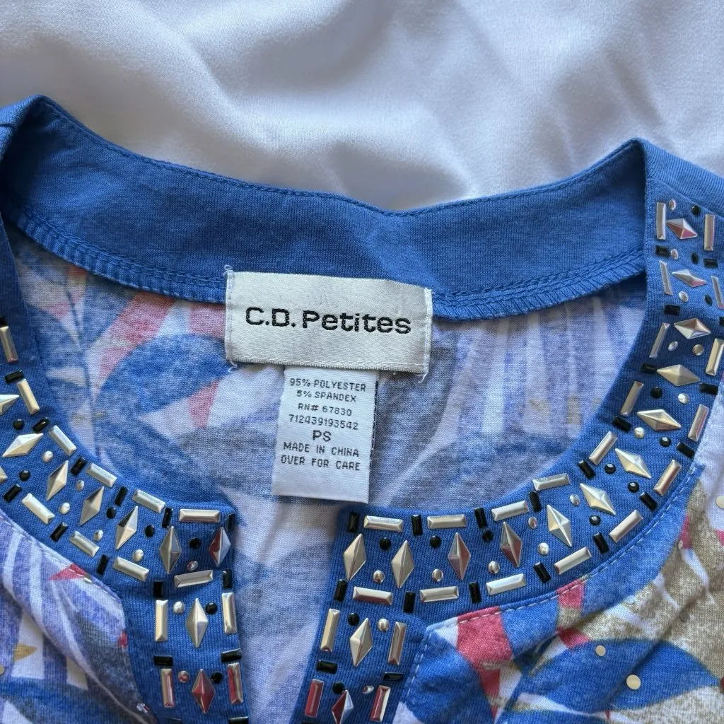 Cathy Daniels CD Womens Size Small Blue Studded Jeweled Blouse 3/4 Sleeve V Neck - Image 4