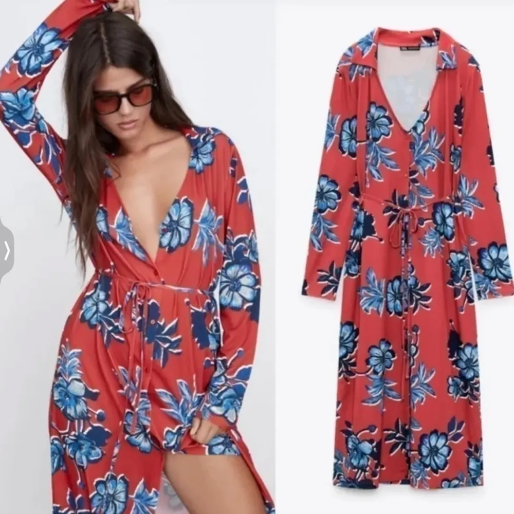 𝅺ZARA Womens Printed Midi Shirt Dress Red Blue Floral Long Sleeve Sz S - Image 4