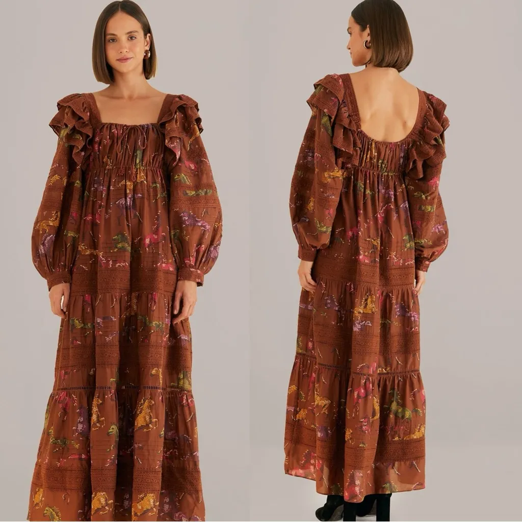 Farm Rio Western Bohemian Brown Dotted Horse Horses Ruffle Maxi Dress Size XL - Image 2