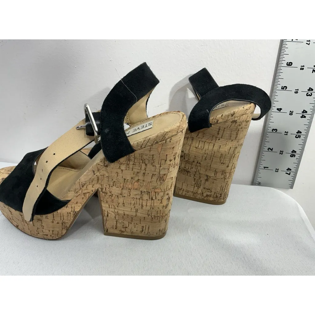 Womans Steve Madden Jess Cork Wedge Sandals 5.5 M Black Strappy Open Toe Straps - Image 4