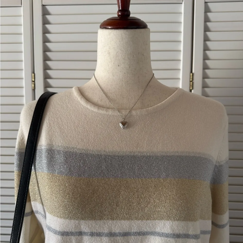 Russ by Liz Claiborne Y2K Sparkly Striped White Long Sleeve Sweater Silver Size L - Image 4