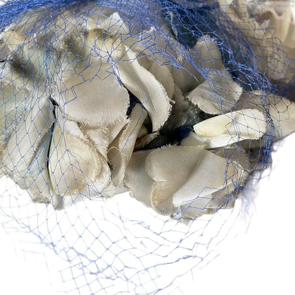Vintage Miss Kathy New York Silk Floral Velvet Bow Cloche Hat Gatsby Blue Cream - Image 4