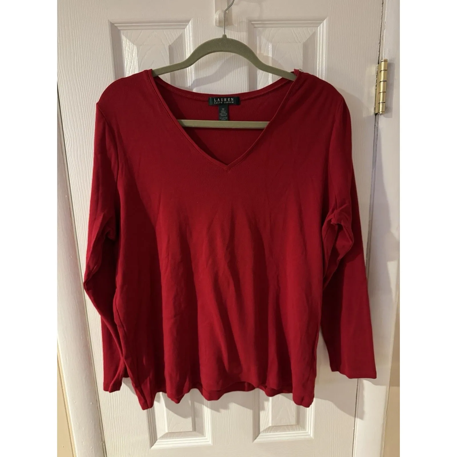 Lauren Ralph Lauren Red V-Neck Long Sleeve Top W/ Shoulder Button Detail 1X 100% - Image 5