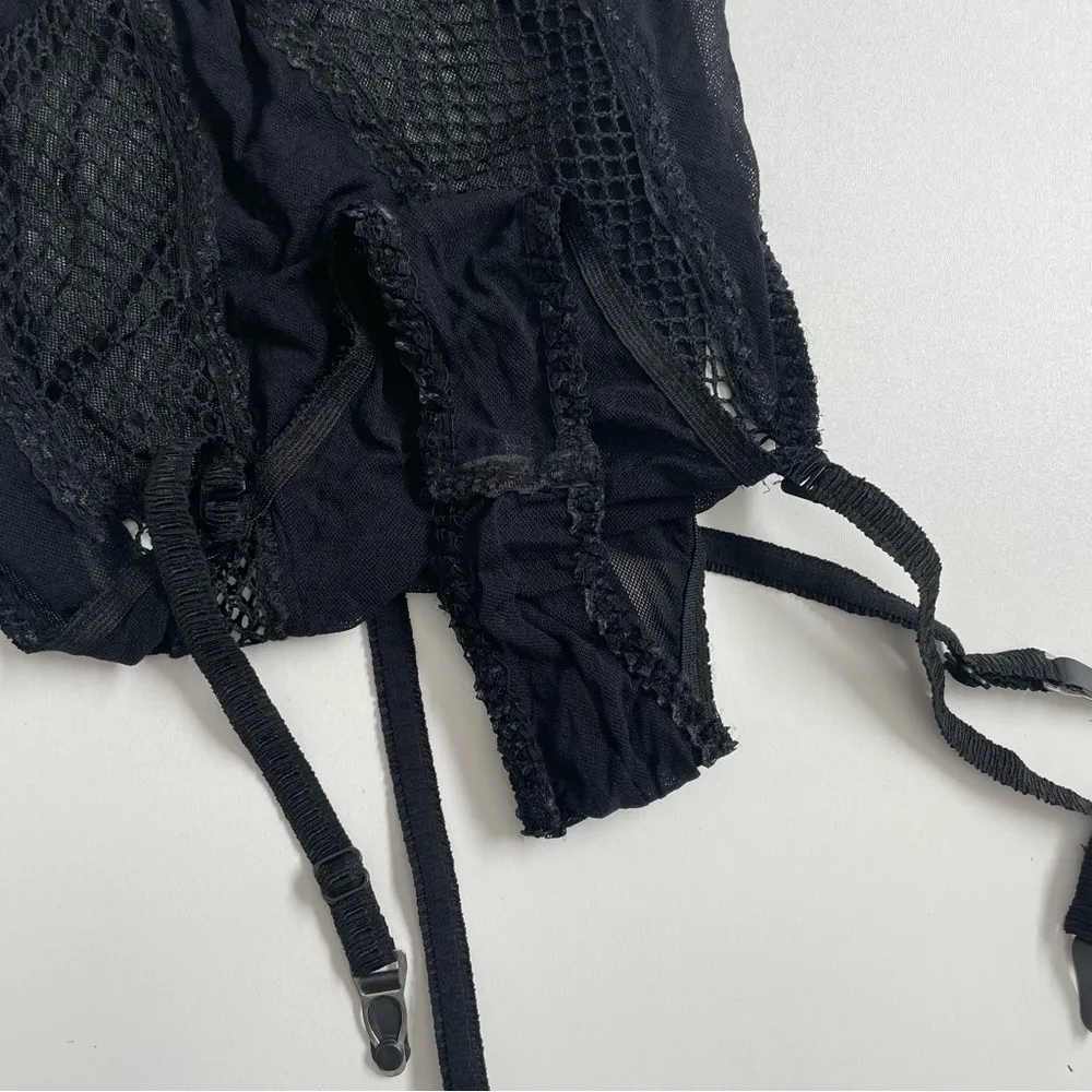 Escante Nighty Bodysuit Garter Belt Bra Underwire Sheer Mesh Netting Ruffle Belt Black Size L - Image 7