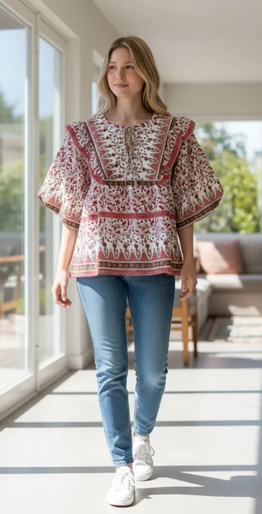 NWT Calypso St Bath Boho Peasant Blouse Red White Ruffle Tie Front Flowy Top L - Image 1