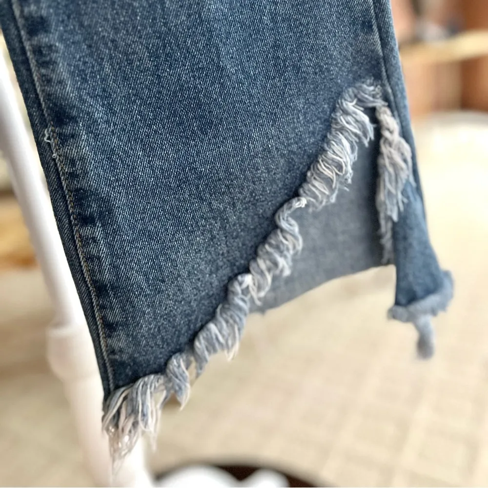 POL Jeans Cropped Flared Raw Split Hem Destructed Ankle Blue S Frayed Whiskered - Image 5