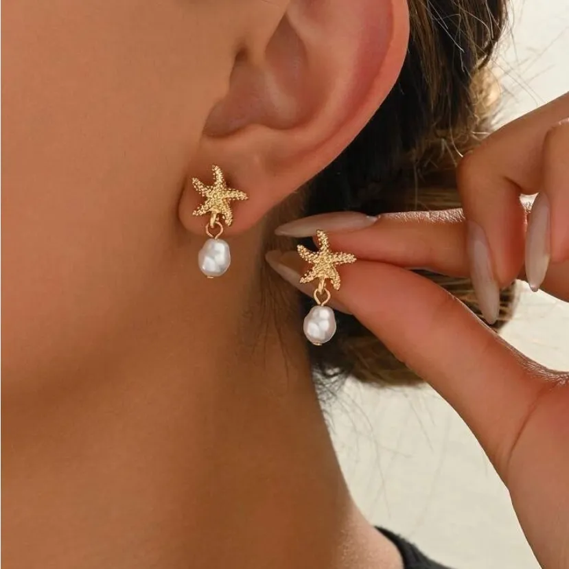 Gold Starfish Pearl Earrings - Image 2