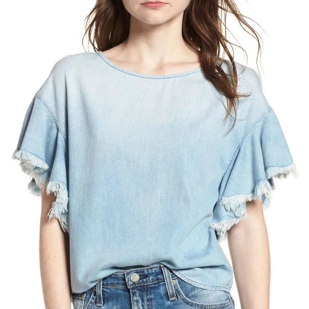 NWT AG Jeans The Shannon Top Chambray Blue Fringe Sleeve Blouse Size Small NEW - Image 15