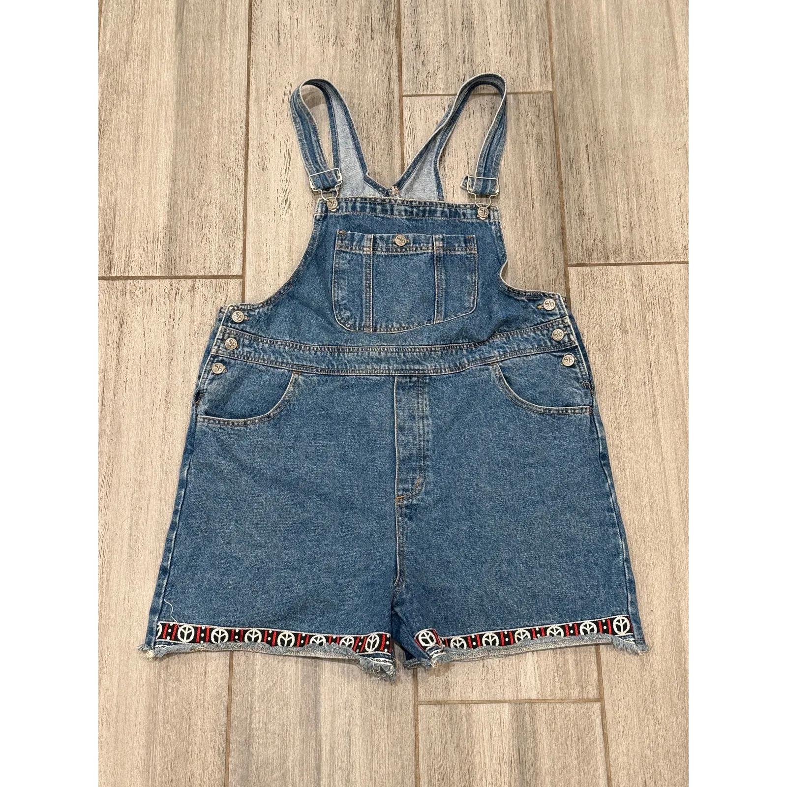 Santa Barbara Denim Shortalls Womens Large Blue Peace Symbol Streetwear Y2K - Image 2