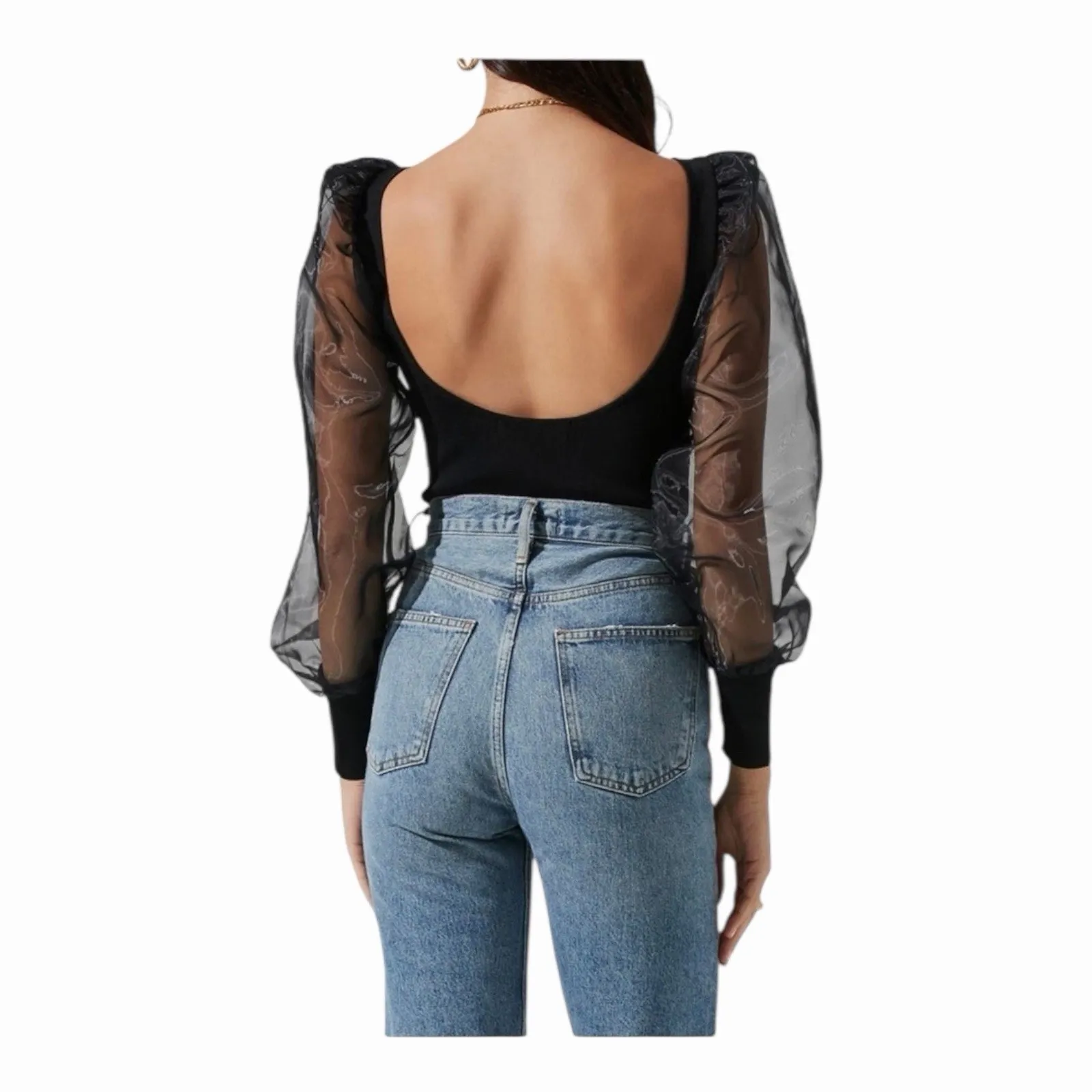 ASTR The Label Black Semi-Sheer Organza Sleeve Bodysuit NWT Size Large - Image 10