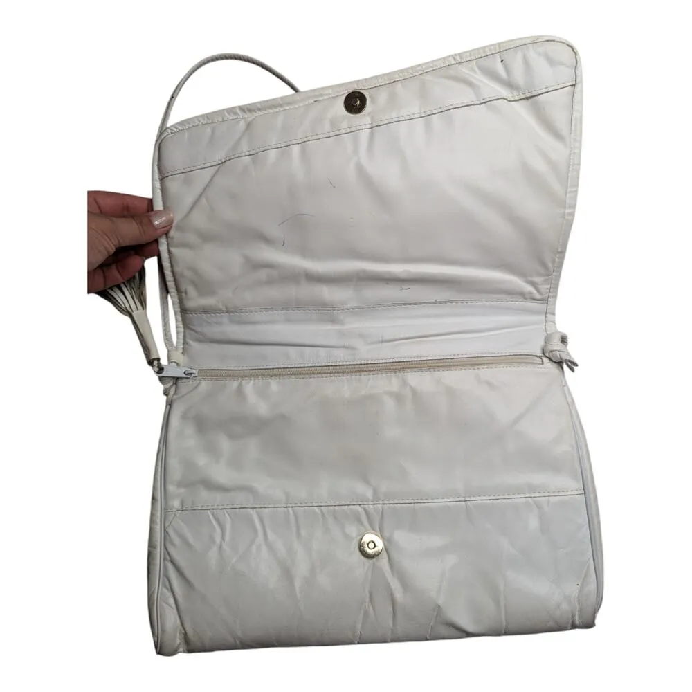 Vtg 1980s White Patchwork Leather Top Flap Tassel Trim Envelope Shoulder Bag - Image 4