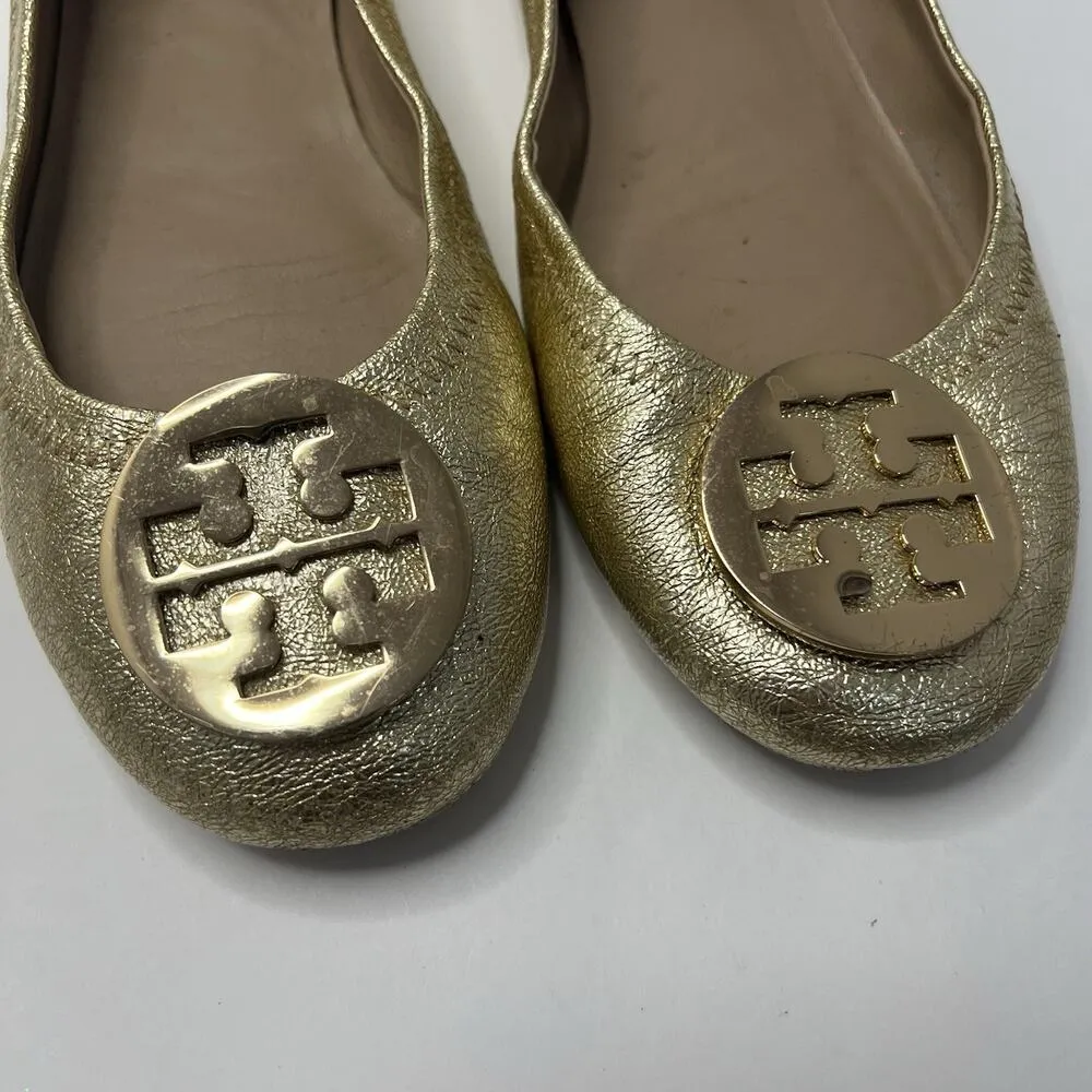 Tory Burch Shoe Spark Gold Smooth Metallic Logo Minnie Travel Ballet Flats 9.5 - Image 4