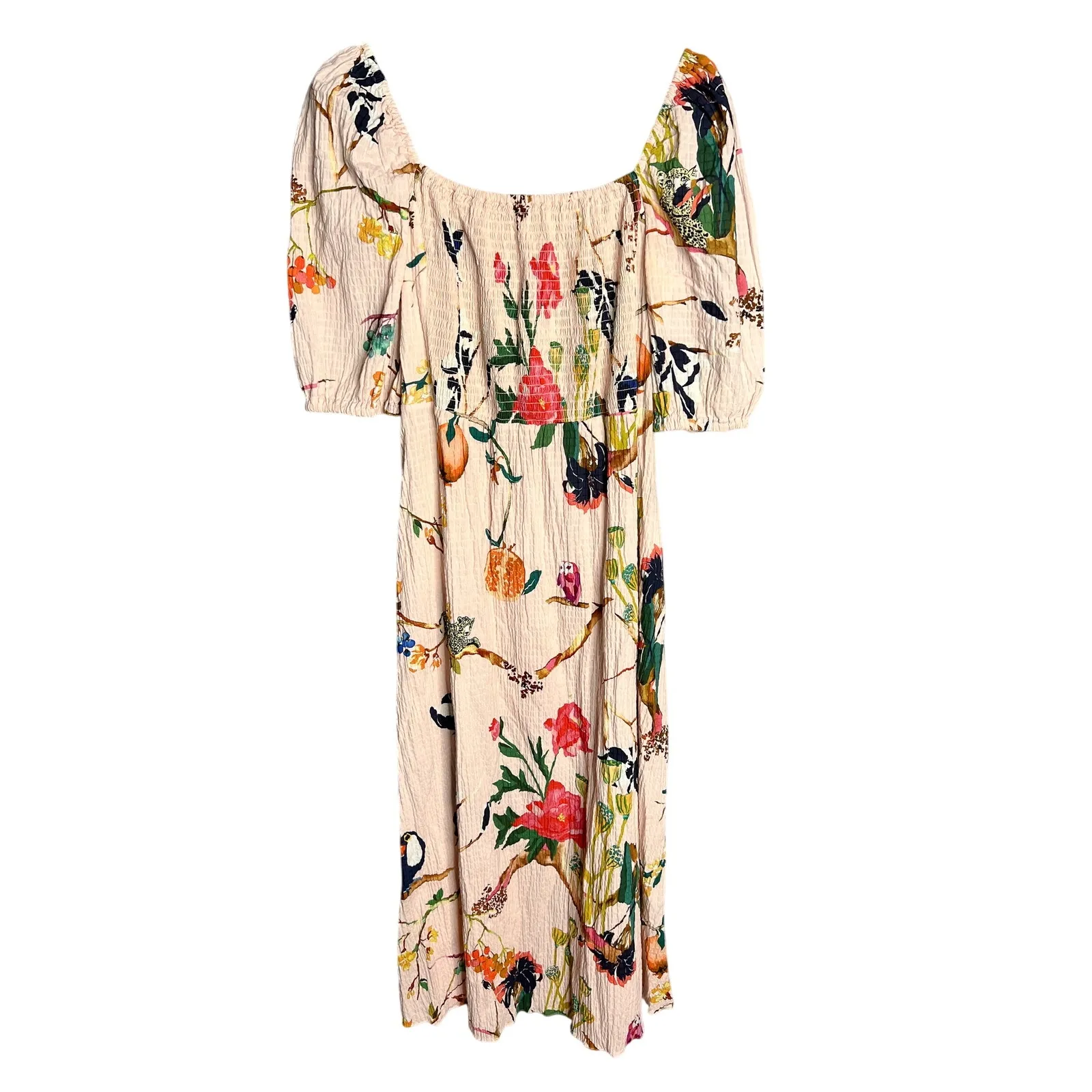 Tanya Taylor Lucinda Midi Dress Size Small Jungle‎ Tropical Smocked Off Shoulder - Image 4