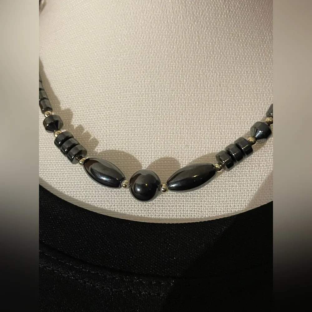 Vintage Black Hematite Necklace With Center Round Stone Oval And Smaller Stones - Image 3