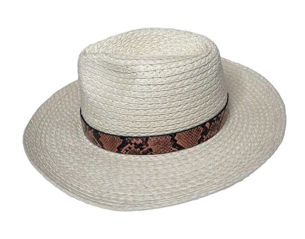 Womens BCBG Max Azria Basketweave Wide-Brim Woven Sun Hat Faux Snakeskin Band - Image 4