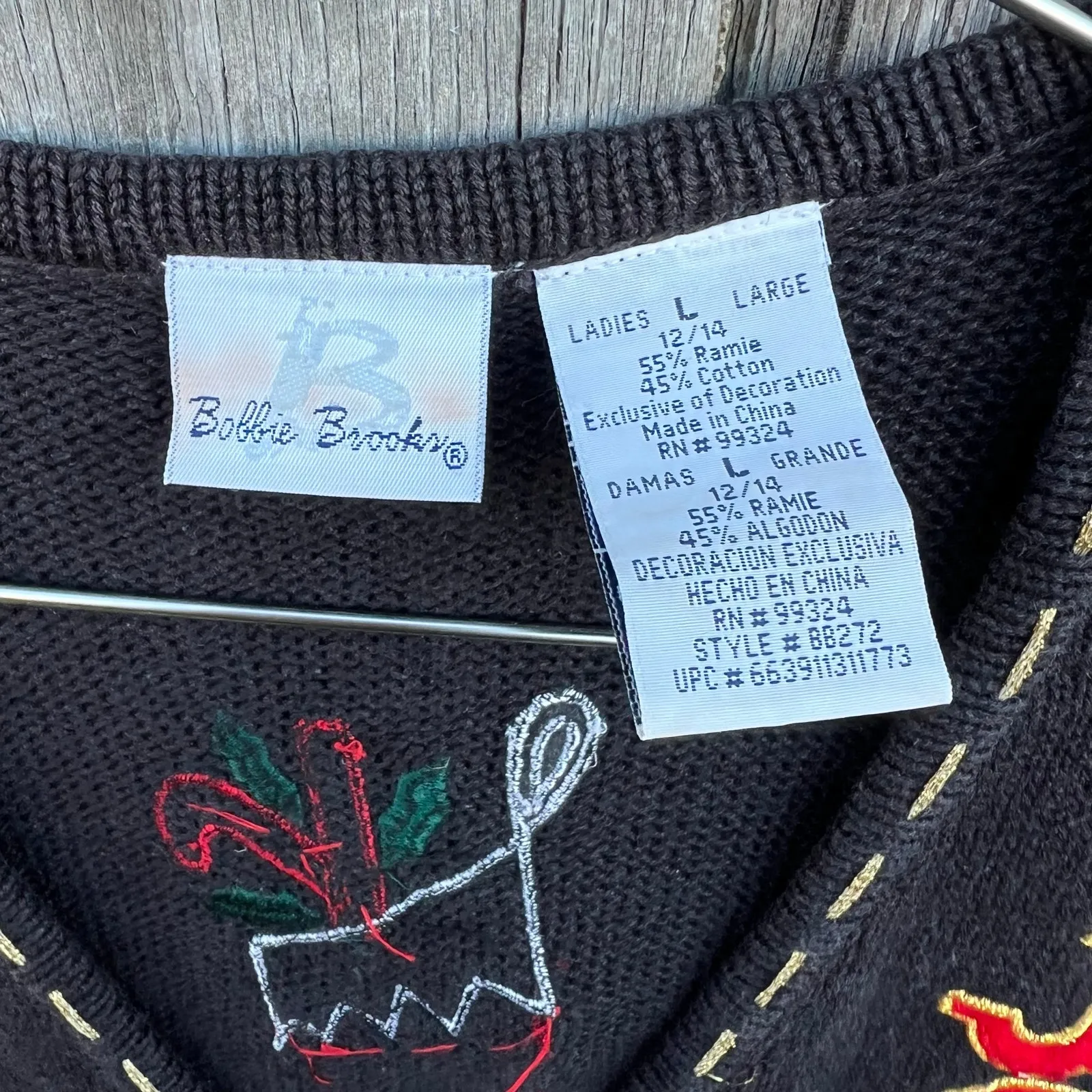 Vintage 90s Bobbie Brooks Christmas Sweater Vest Ugly Noel Joy Holly Stocking LG Black - Image 4