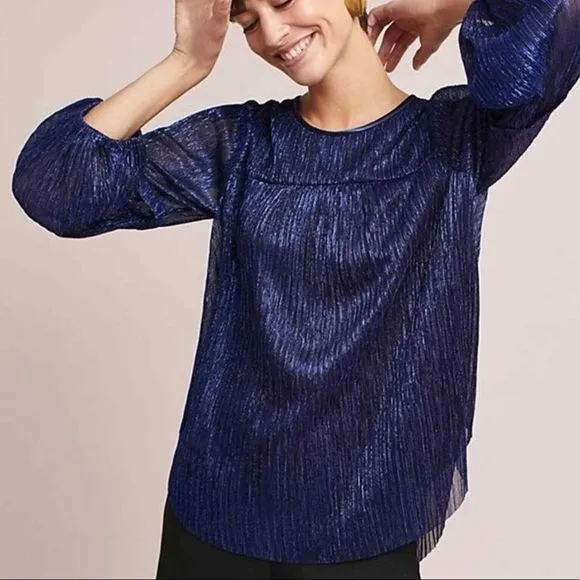 Moulinette Soeurs Anthro Blue Metallic Accordion Pleat Long Sleeve Top XS - Image 2
