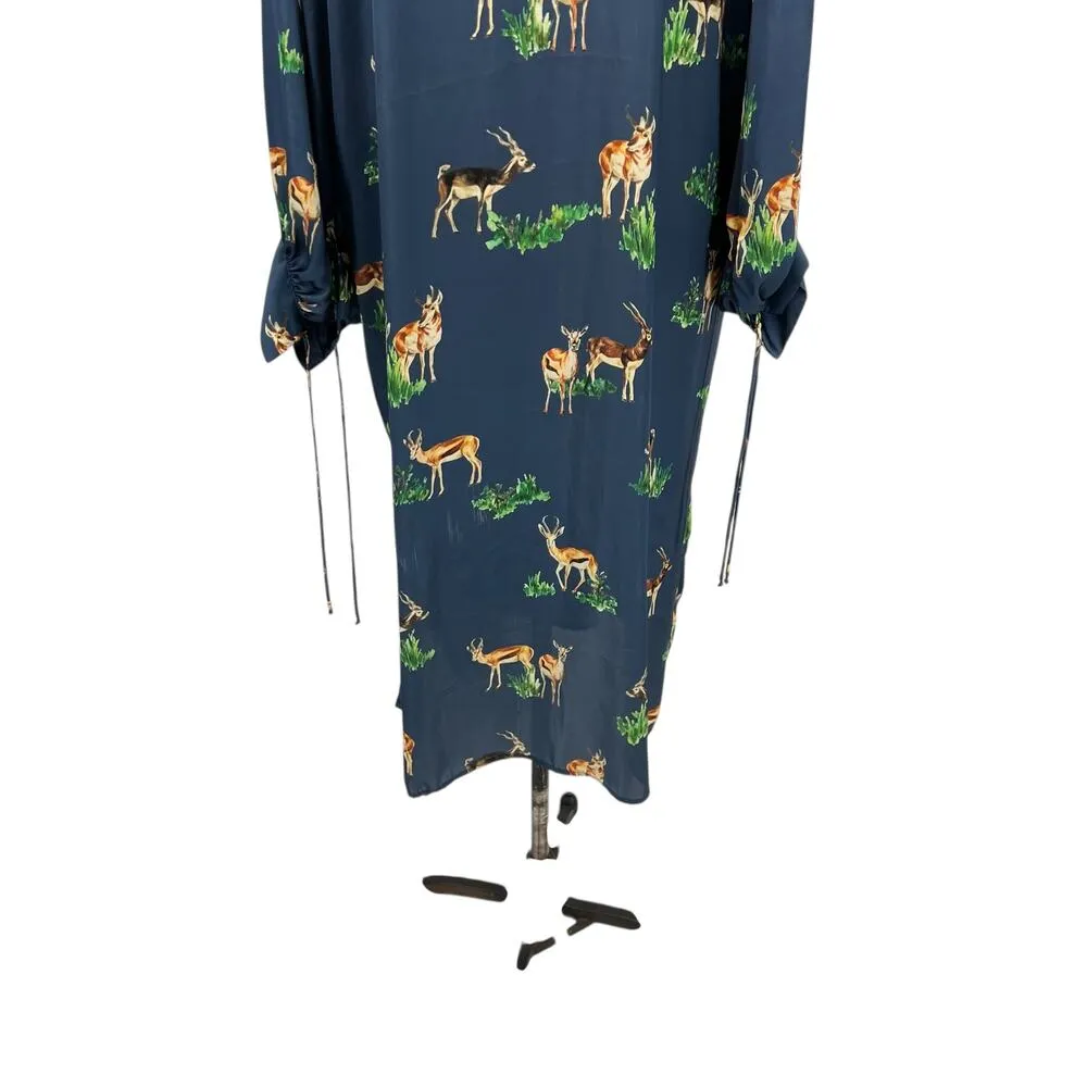 Zara Shirt Dress Deer Print Long Sleeve Midi Satin Blue Size Medium - Image 14