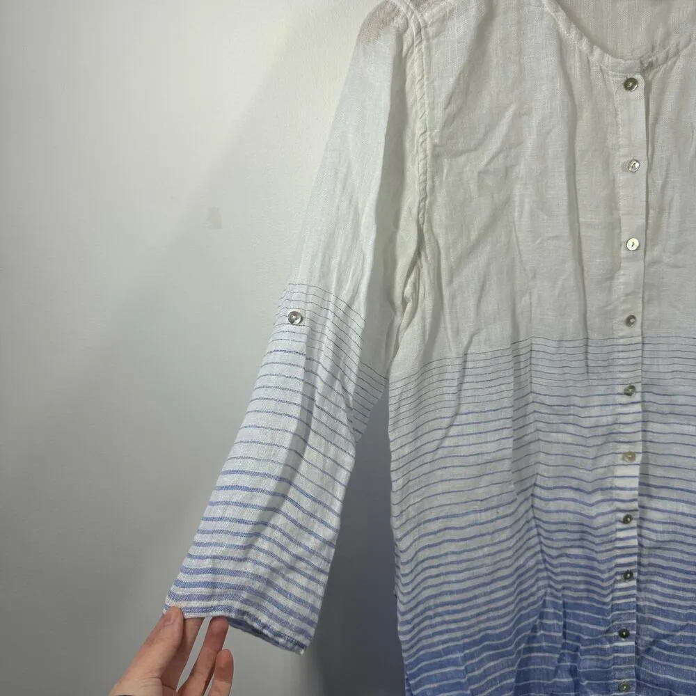 Saint Tropez West 100% Linen Tunic Top Women Size M White Blue Stripes Coastal - Image 3