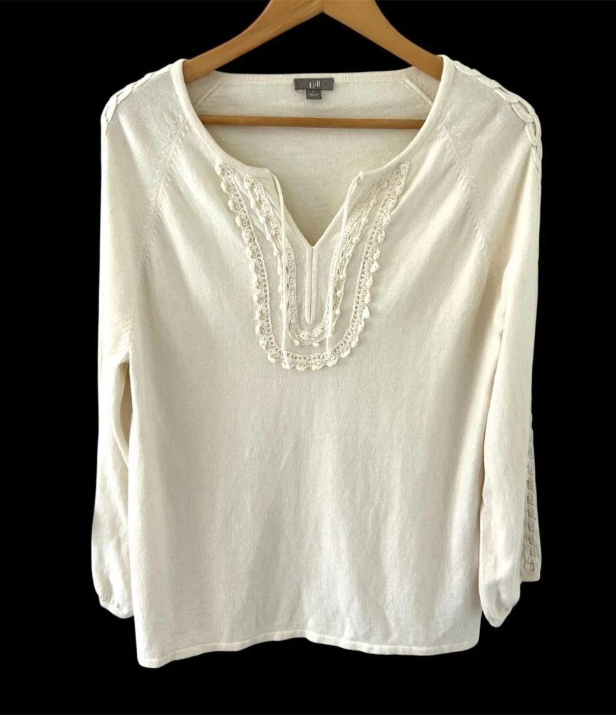 J. Jill Ivory Cotton Angora Blend Crochet Sweater. Size Large. - Image 2