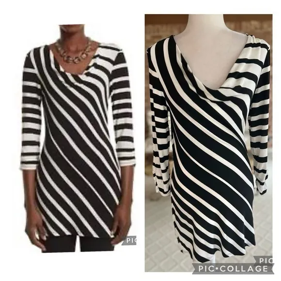 WHBM Top Tunic Striped Draped Neck Black Ecru S Glam Chic Dressy Brunch Work Mod - Image 2