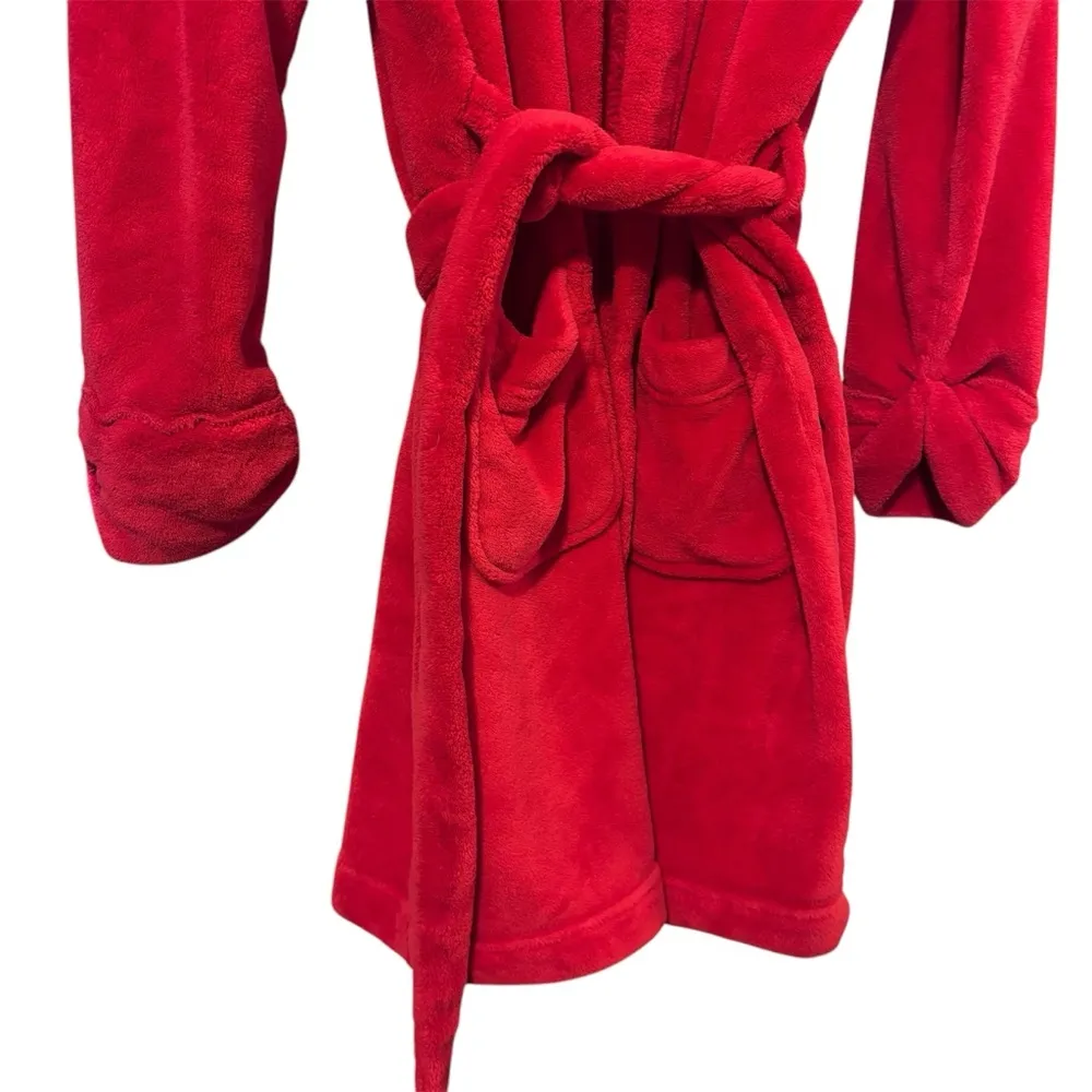 Women’s Victoria's Secret red white plush logo hooded robe size large - Image 5