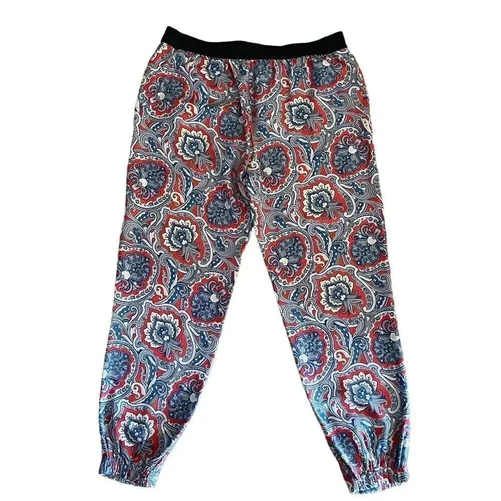 Juicy Couture Paisley Multicolor Silk Lounge Loungewear  Pants Elastic Cuffs M - Image 5