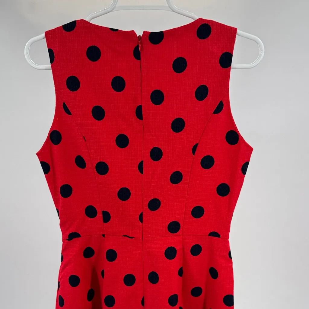 J. Crew Factory Red Dress with Navy Dots structured sleeveless above knee office Size 6 - Image 3
