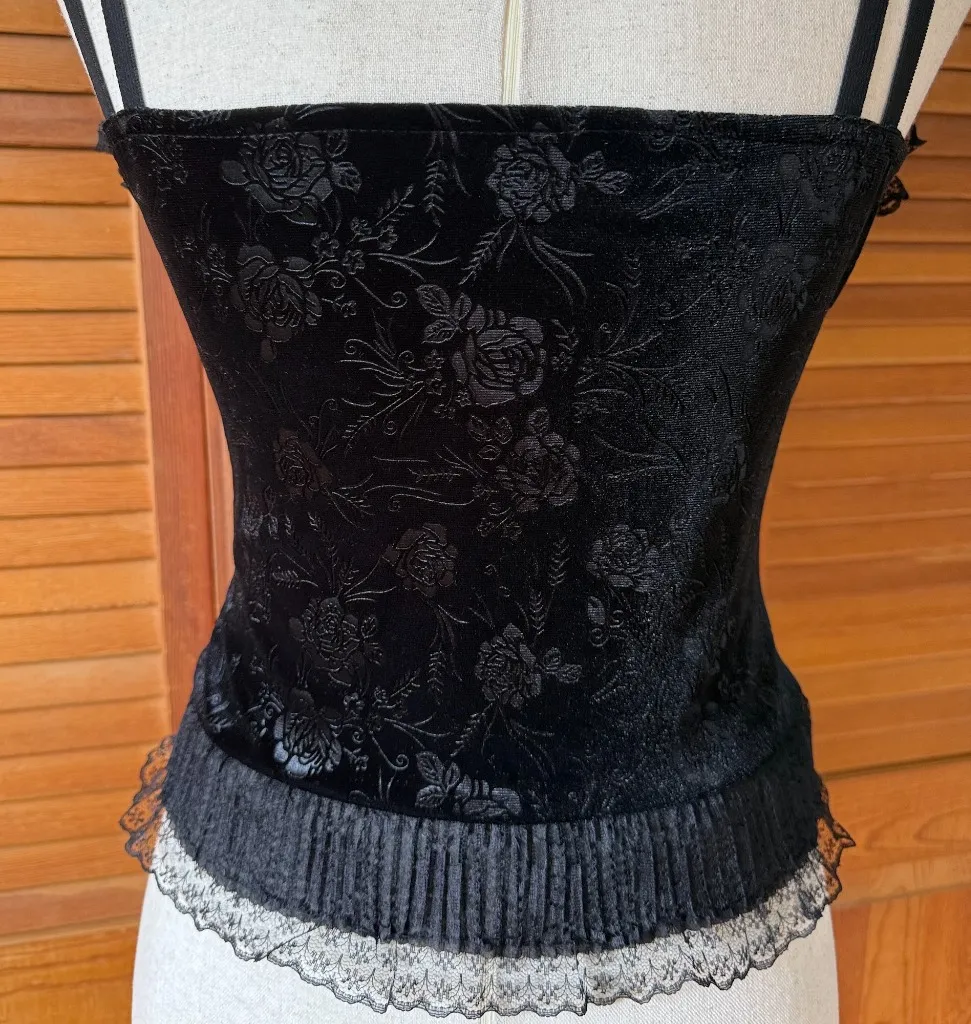 Gothic Lolita Victorian Vkei Vampire Black Rose Velvet Lace-up Cami Top M - Image 8