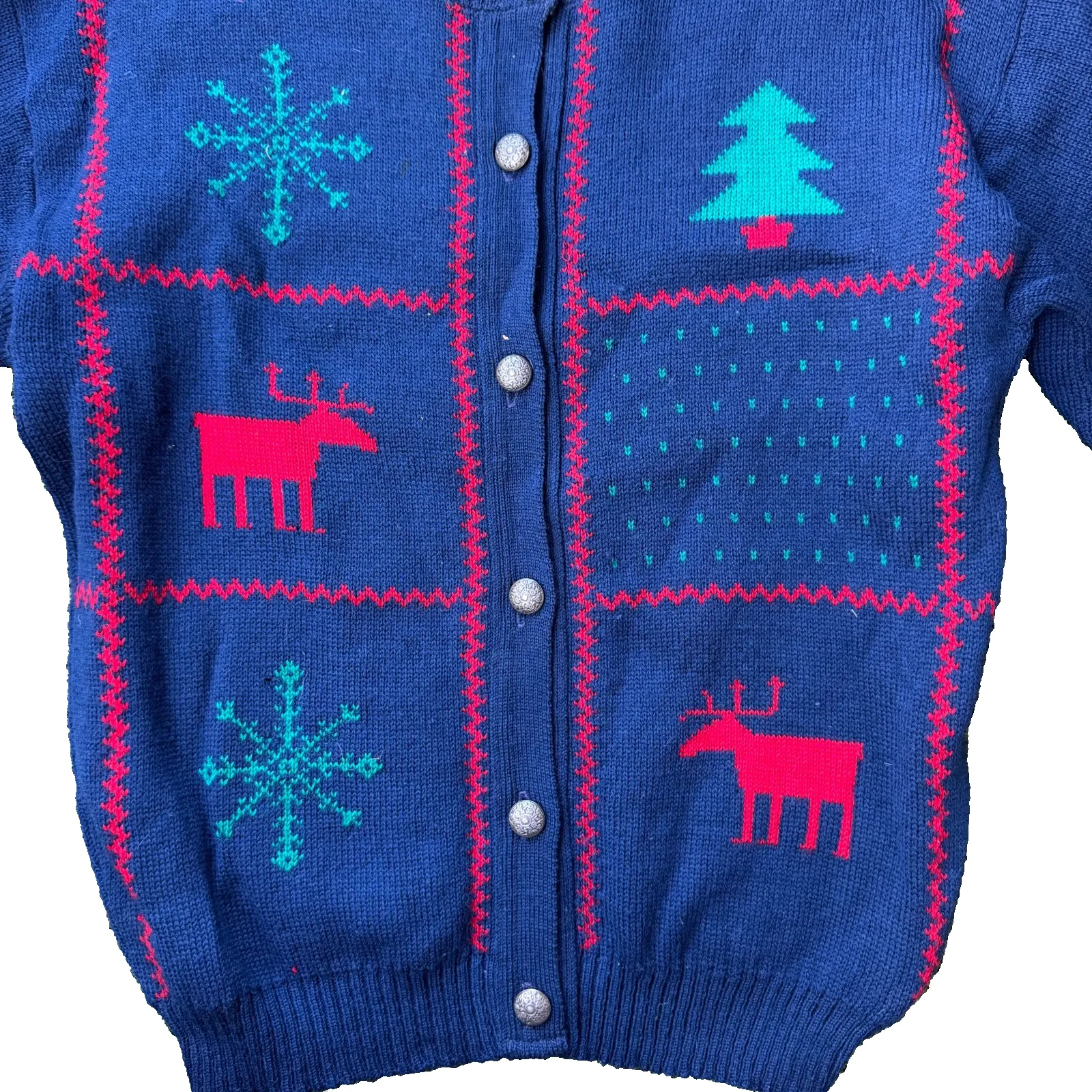 Vintage Pendleton Wool Holiday Sweater Cardigan Size M Navy Metal Buttons USA - Image 5