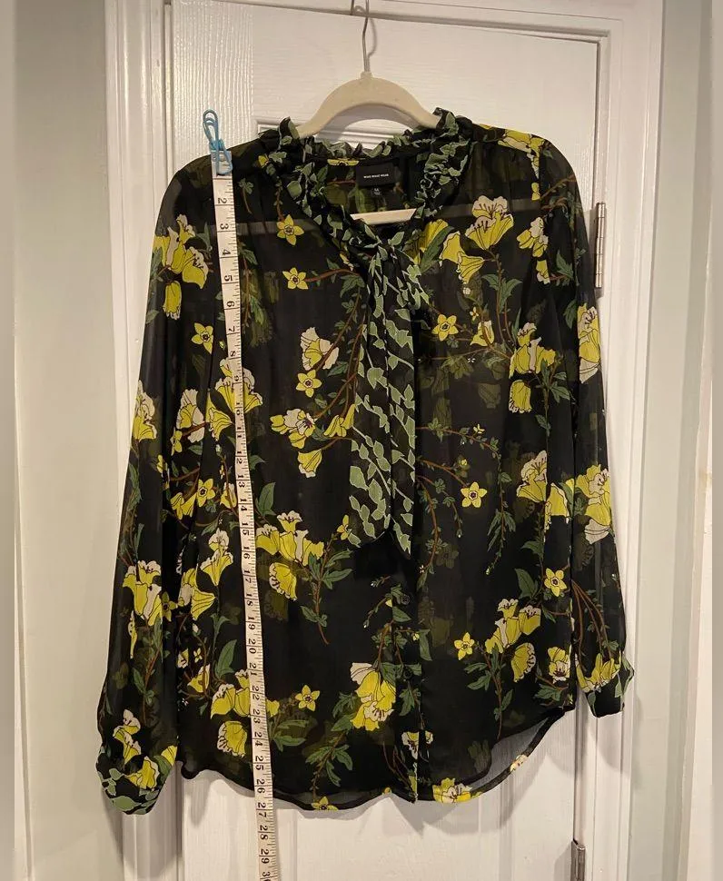 Who What Wear Size M Black Floral Sheer Bow Tie ruffle Collar Long Sleeve Top - Image 8