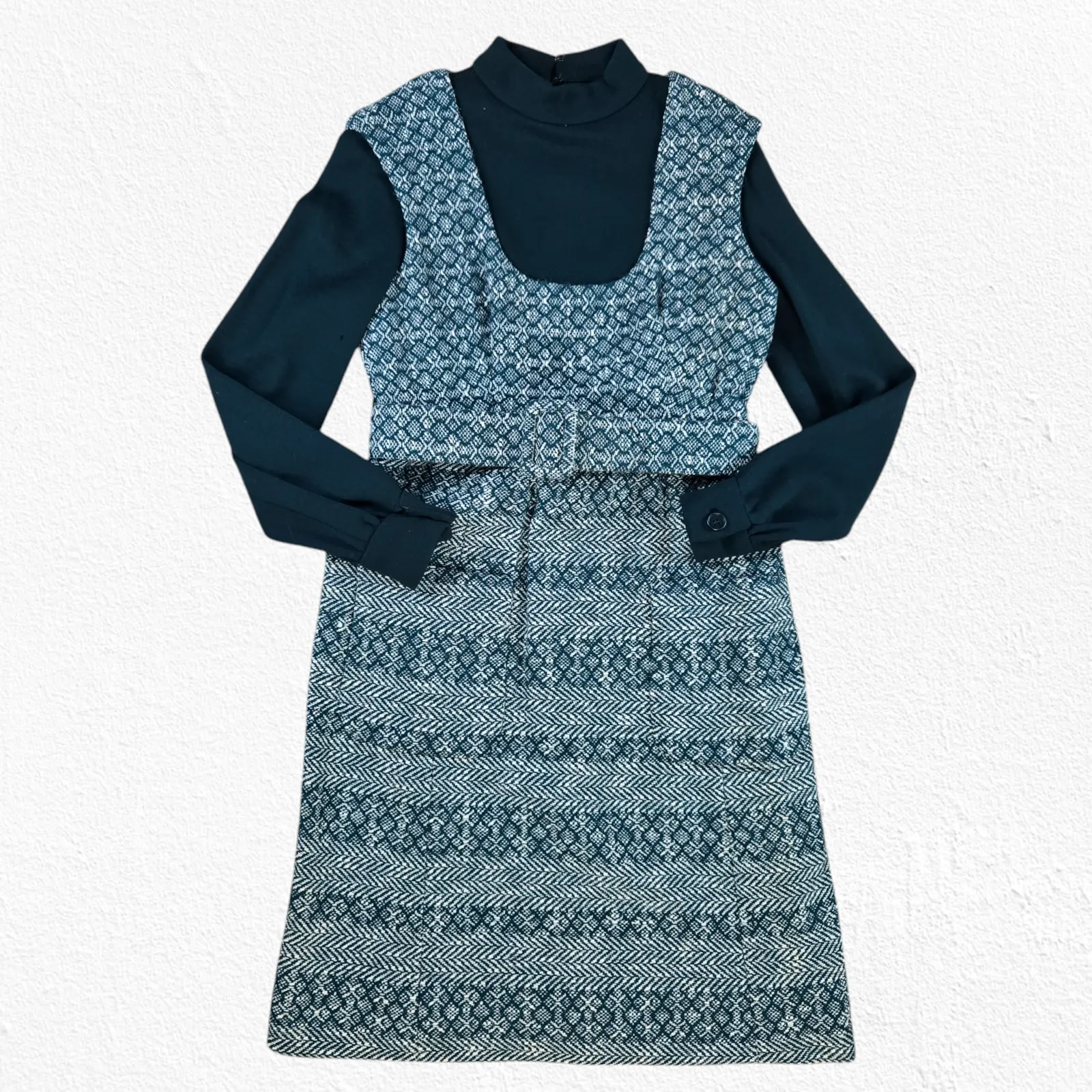 Vintage 70s Green White Tweed Jumper Turtleneck Belted Cottage Dress Size Small - Image 2