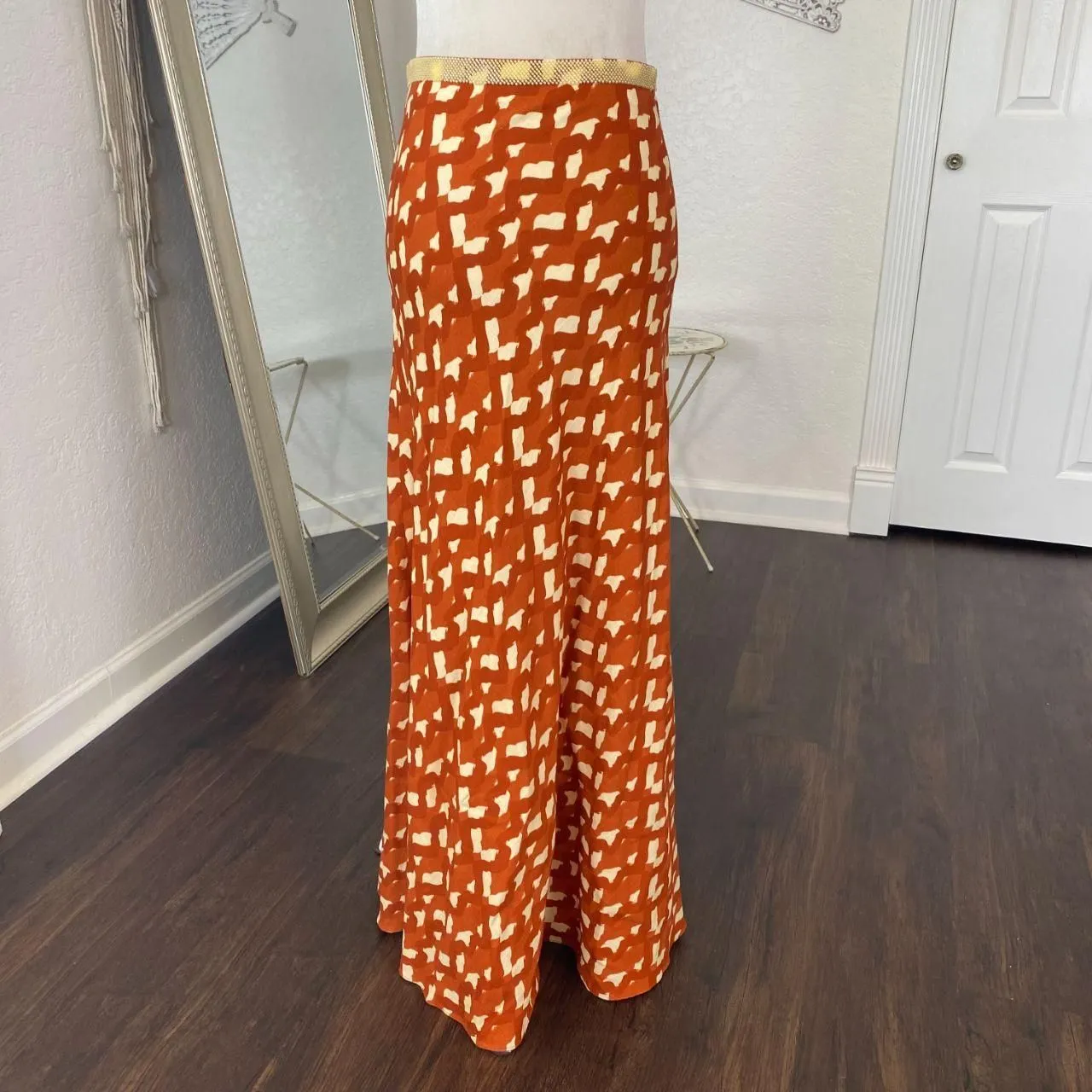 EUC Zara Linen Blend Beaded Maxi Skirt In Terracotta XS Orange Cream Tan - Image 3